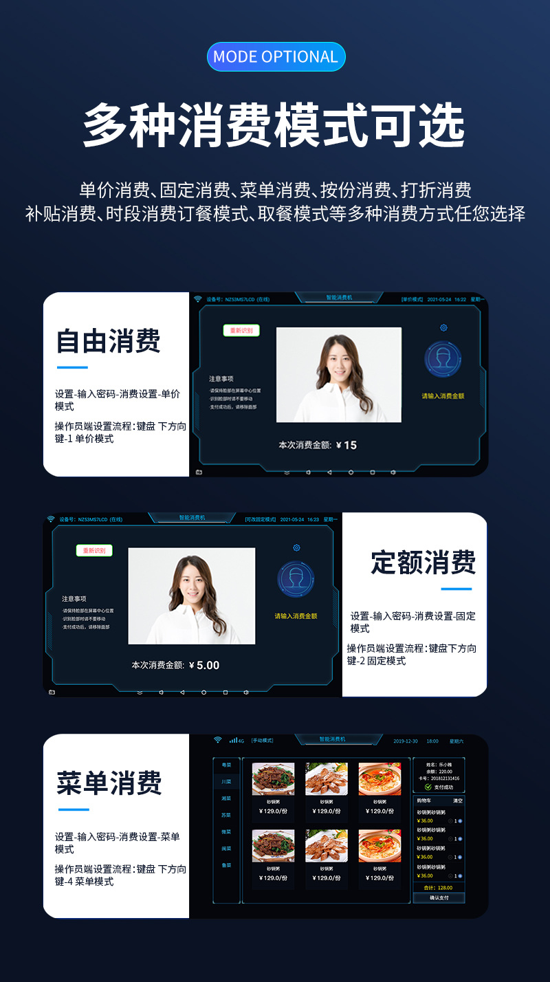 多種消費模式,滿足您的各種需求,單價消費、固定消費、菜單消費、按份消費、打折消費、補貼消費、時段消費
