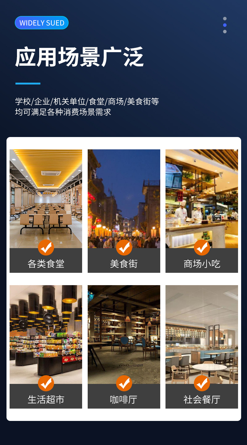 應用場景廣泛,學校、企業、機關單位、食堂、商場、美食街等,均可滿足各類消費場景需求