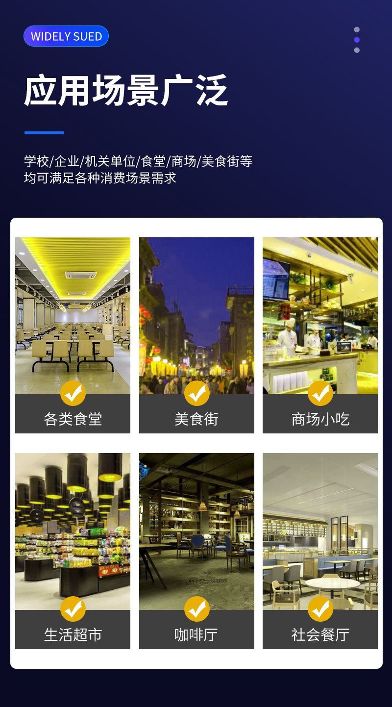 適用多種消費場景，食堂、美食街、商場、超市、餐廳